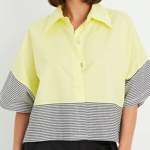 Planet by Lauren G Cotton Campy Shirt— Light Yellow with Black & White Stripe